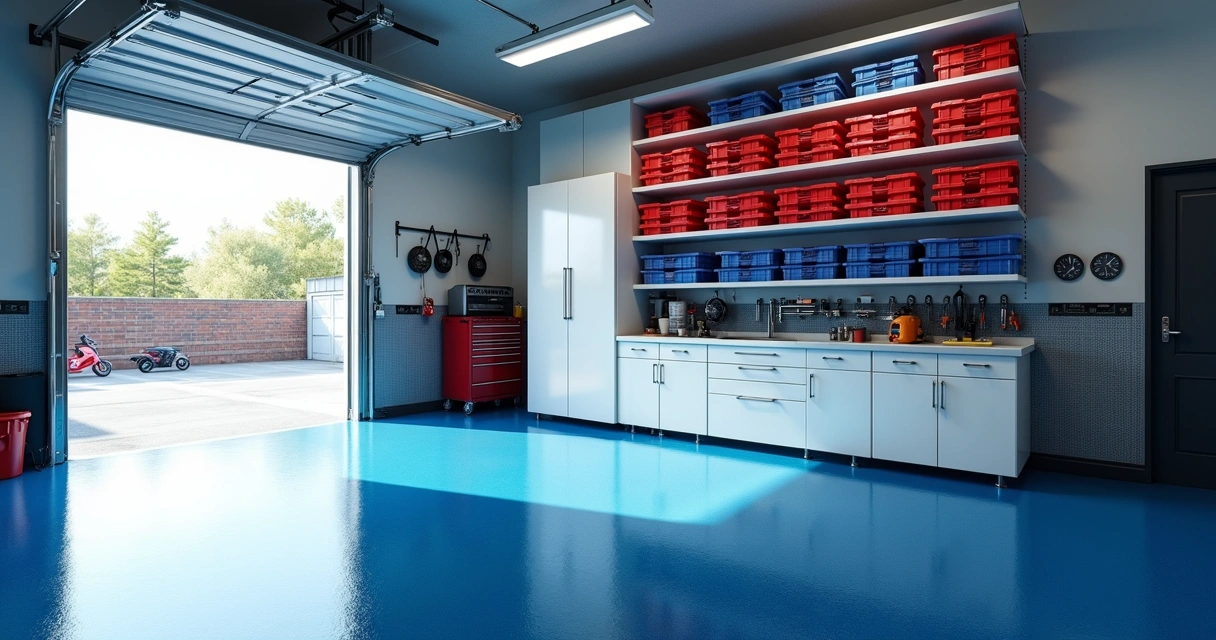 Overhead ceiling storage racks with bins above epoxy garage floor 