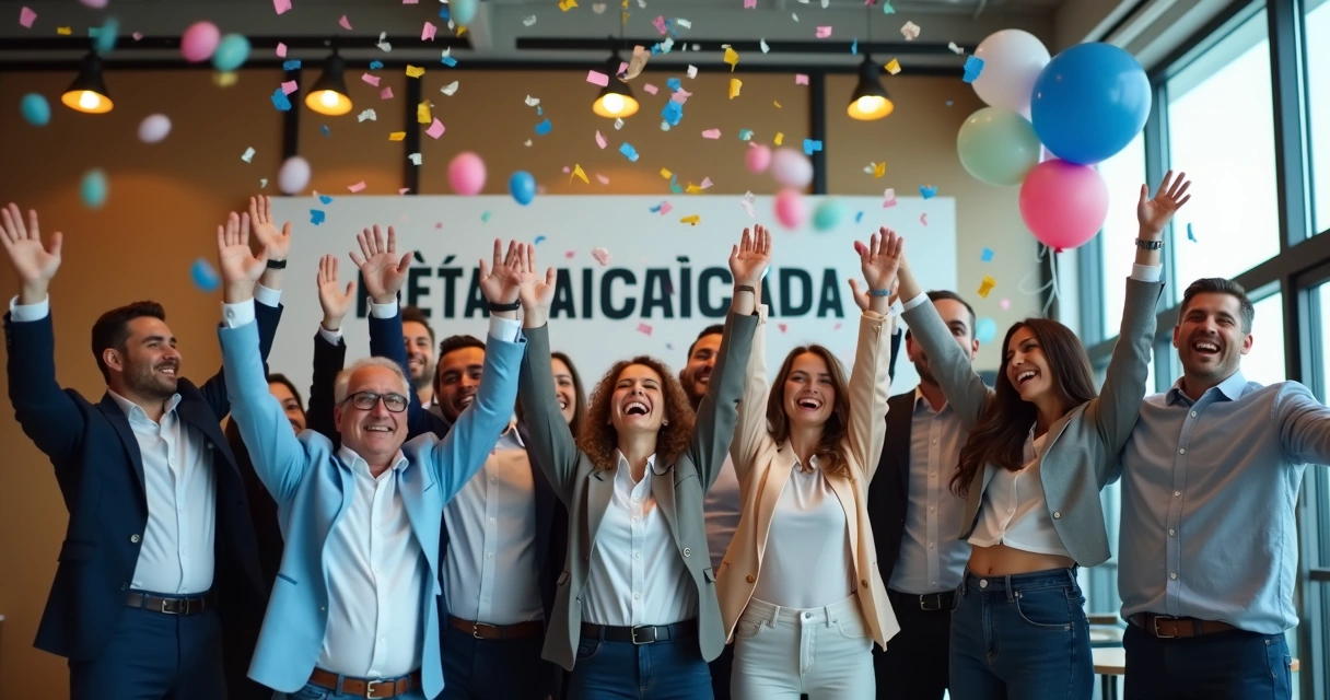 Colaboradores de empresa comemorando juntos avanço após mudança organizacional 