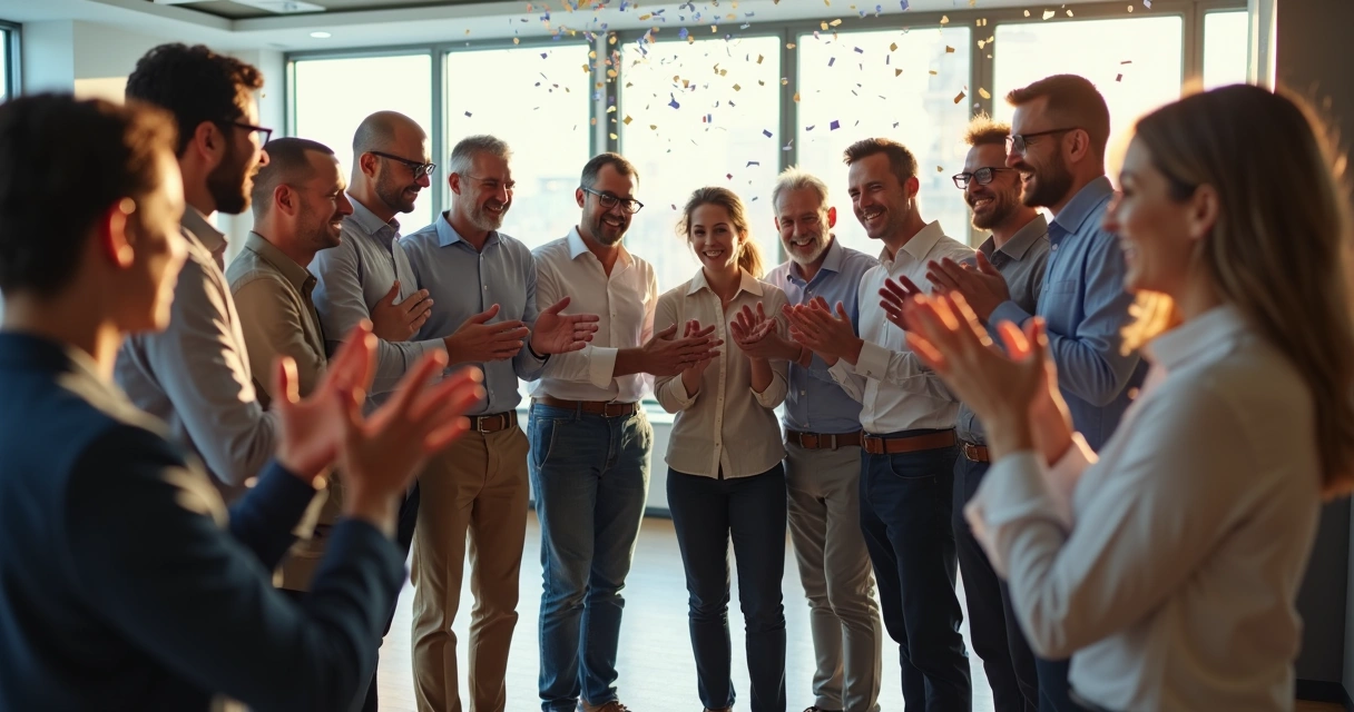 Equipe de trabalho reunida batendo palmas, celebrando com sorrisos em uma sala iluminada 