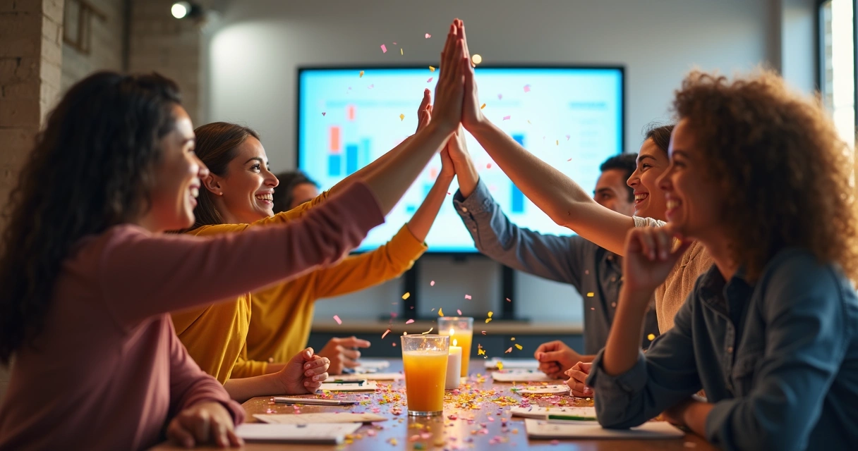 Equipe comemorando conquista de OKRs 