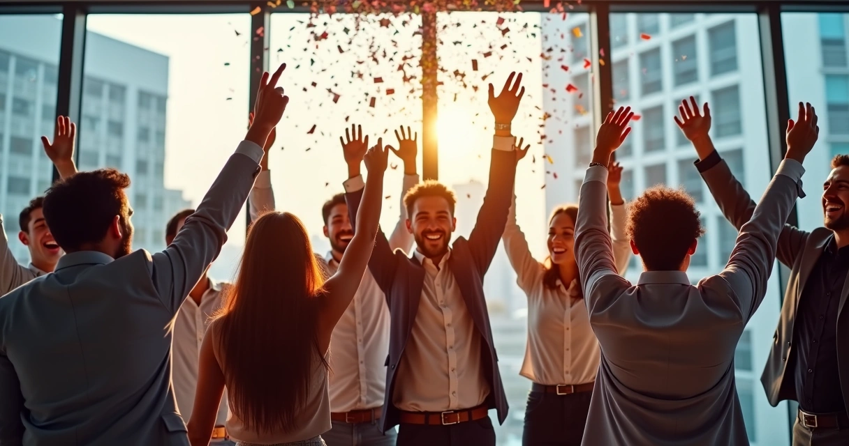 Equipe comemorando conquista com mãos erguidas no escritório