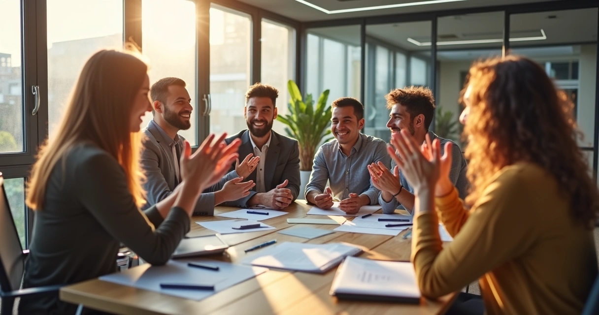 Equipe comemorando resultado positivo com palmas e sorrisos 