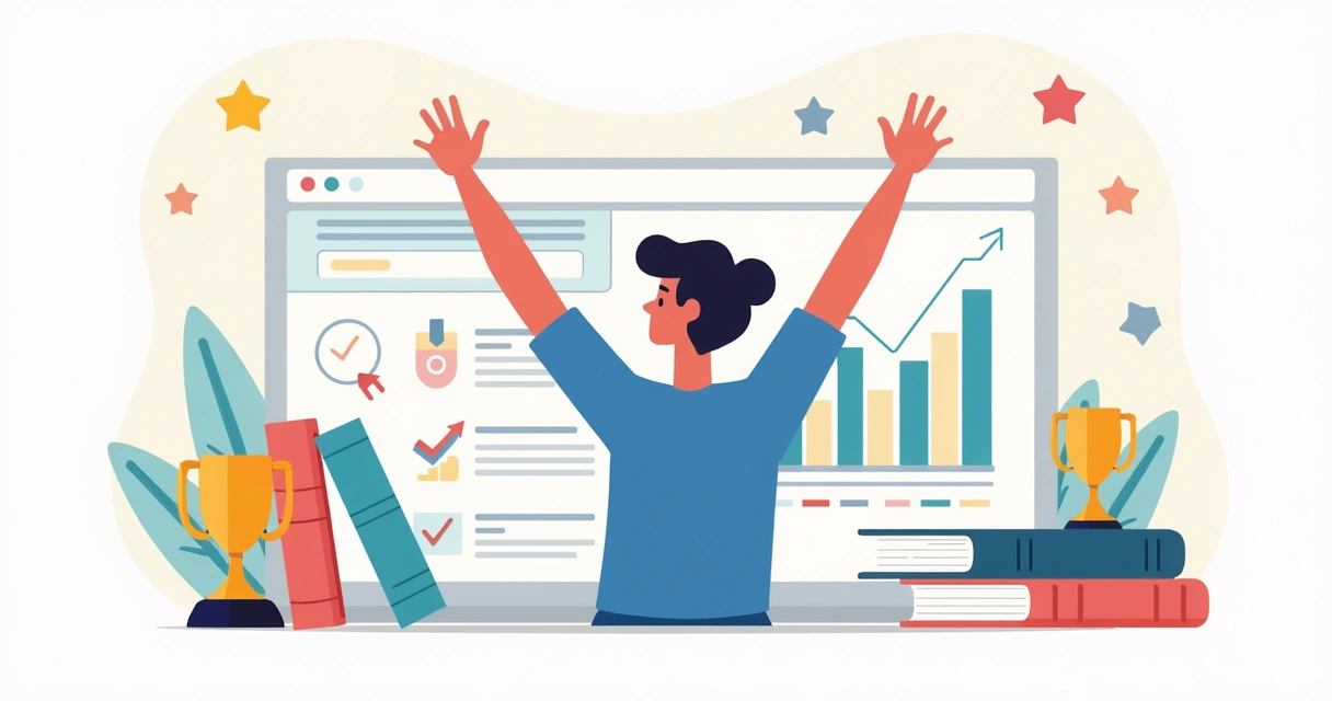 Estudante celebrando conquistas diárias em ambiente digital Notion 