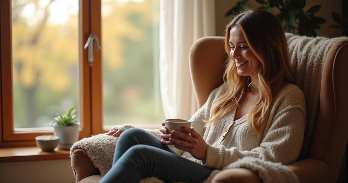 Pessoa sorrindo segurando xícara de chá sentado em poltrona 
