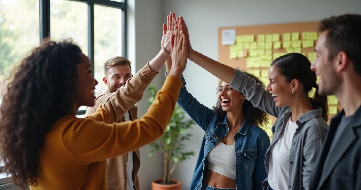 Equipe diversa comemorando conquista de projeto coletivo