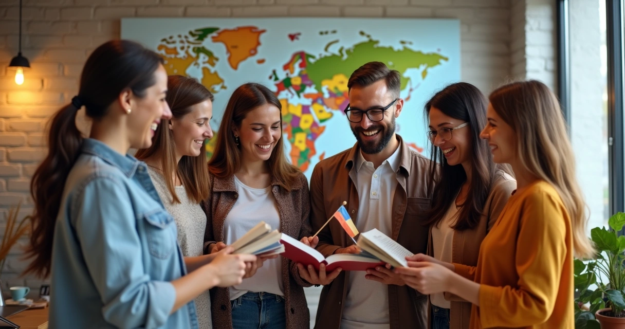 Celebrando diversidade cultural com símbolos e pessoas reunidas 