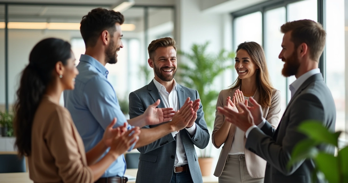Equipe comemorando atitude empática em sala moderna de escritório 