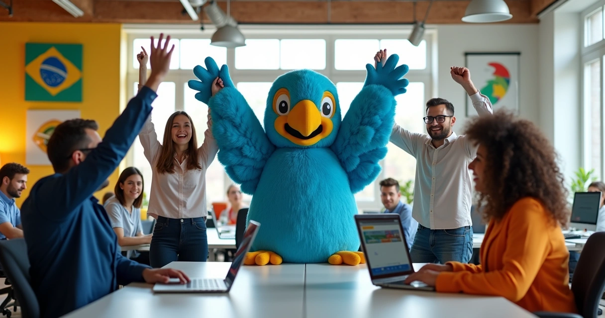 Equipe de empresa celebrando união em ambiente moderno com mascote arara azul