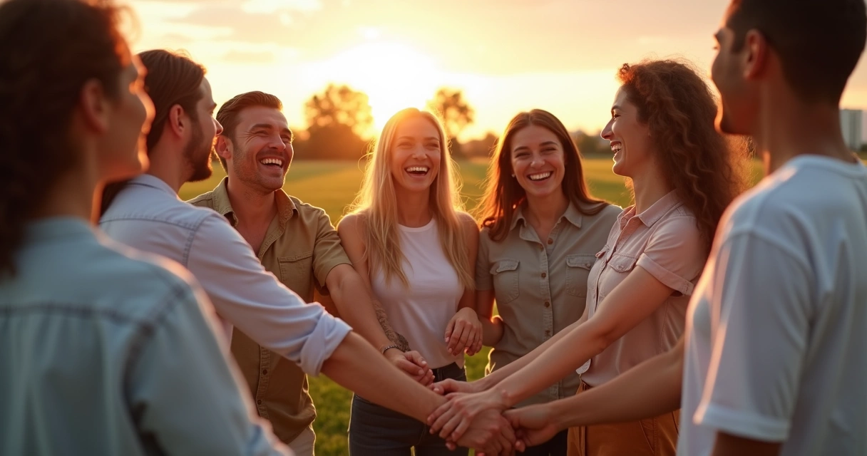 Grupo celebra sucesso compartilhando energia positiva ao pôr do sol.