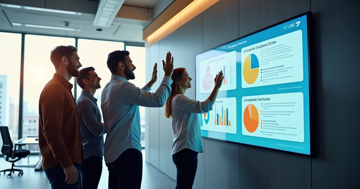 Equipe comemorando conquista após ciclo de avaliação e desenvolvimento