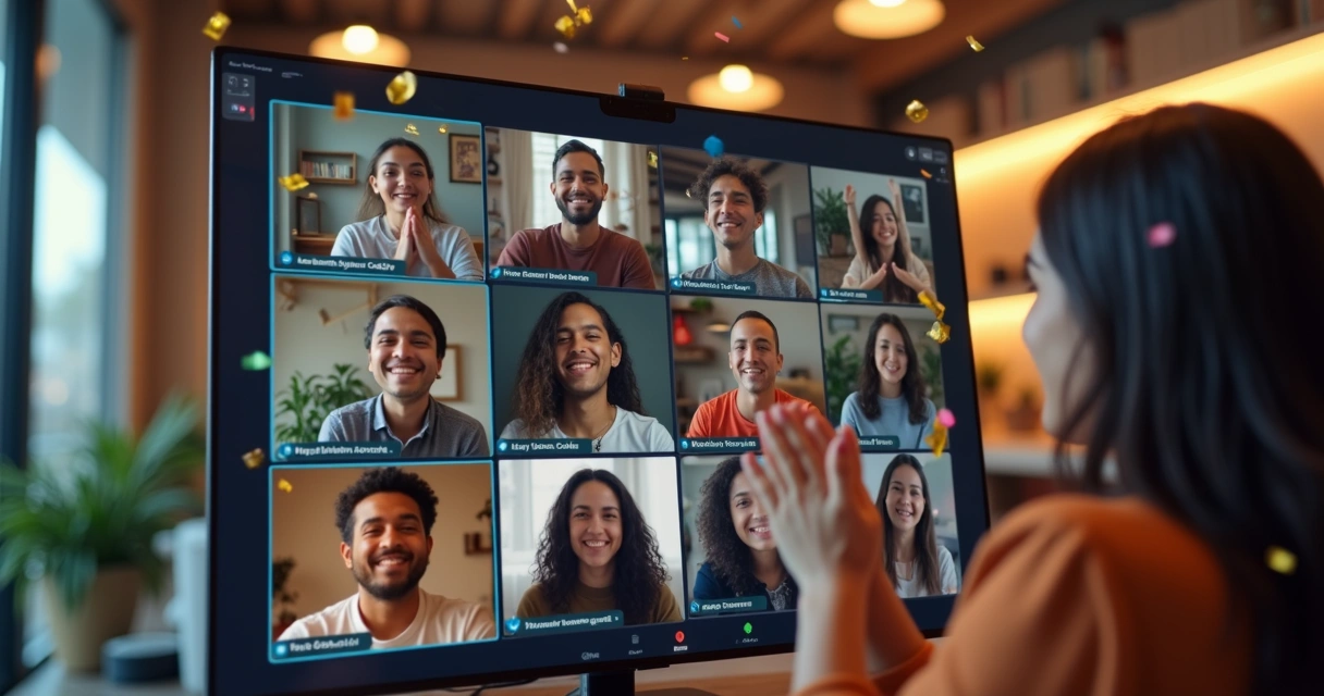 Equipe comemorando conquista em hackathon remoto