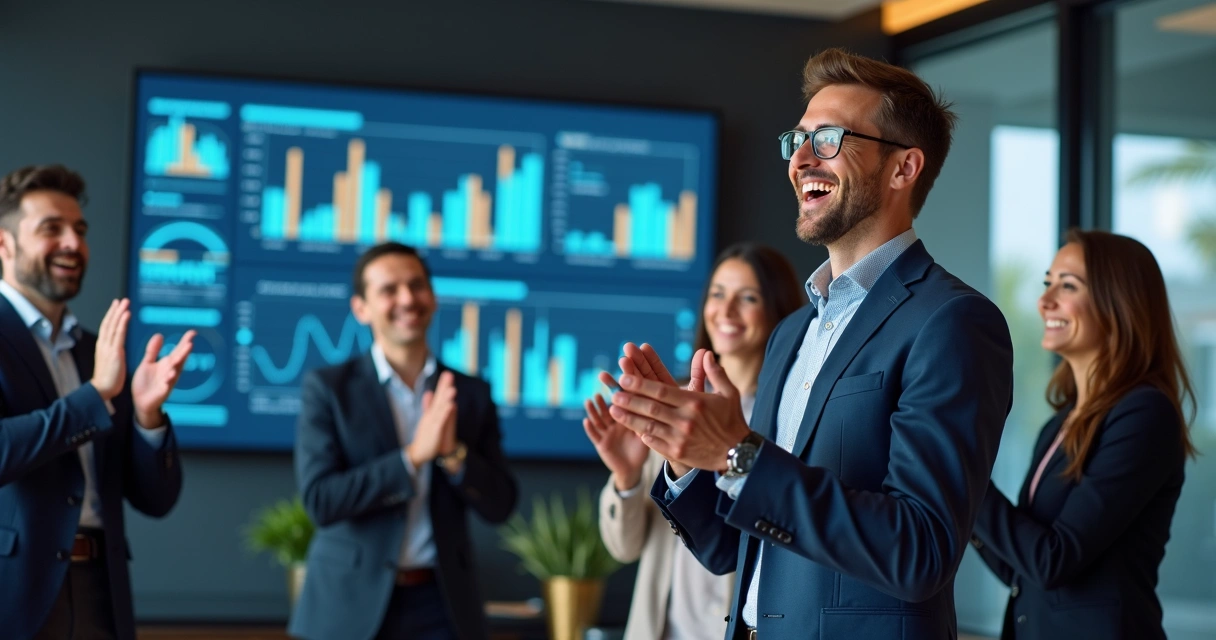 Colaboradores sorrindo e aplaudindo em sala, com gráficos de IA ao fundo 