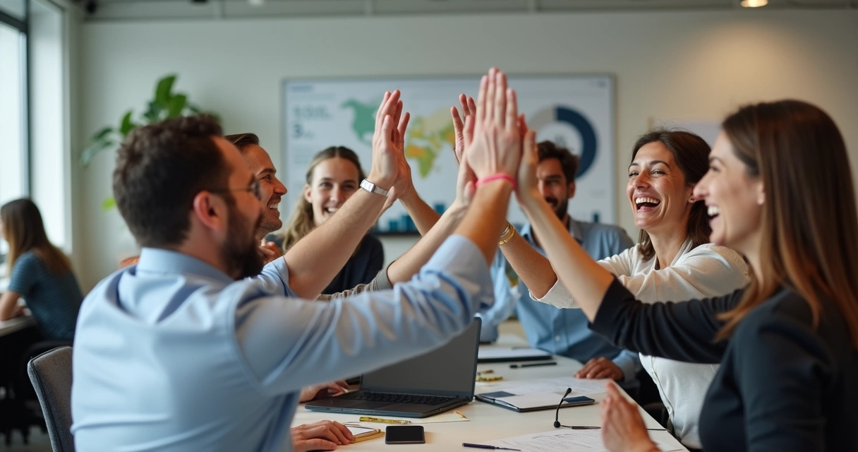 Equipe comemorando junto, batendo metas em ambiente de escritório tranquilo 