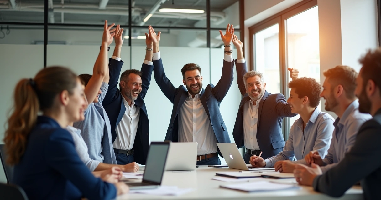 Pessoas em escritório comemorando resultado, expressão de alegria, mãos para o alto. 