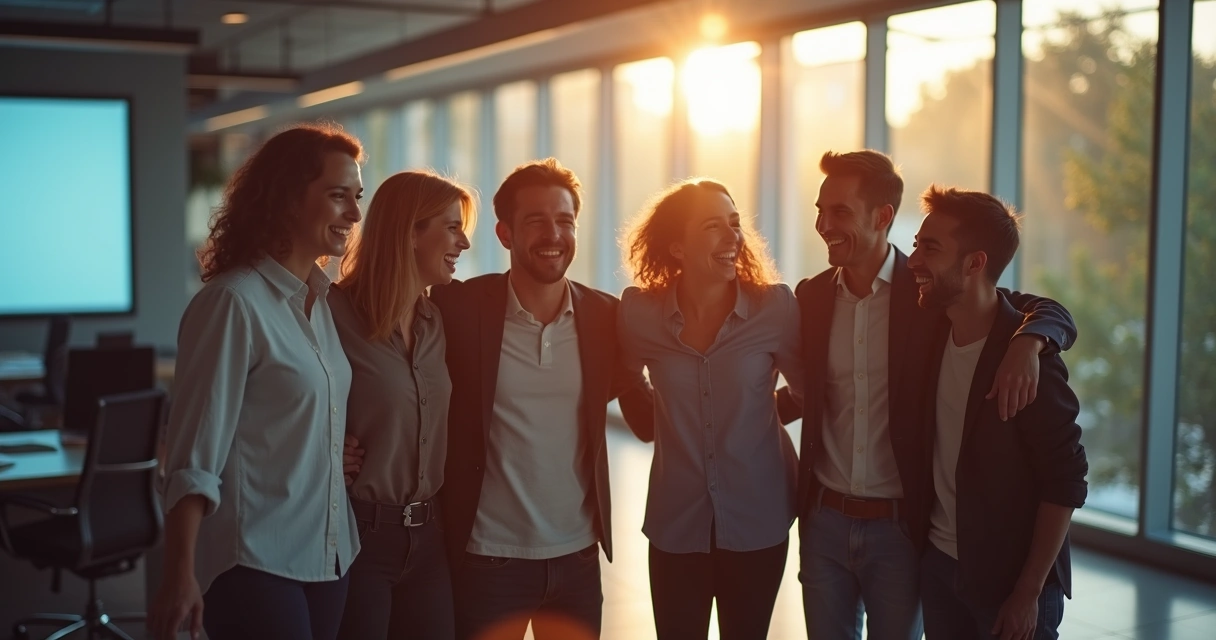 Equipe comemorando meta alcançada com sorrisos e abraço no escritório.