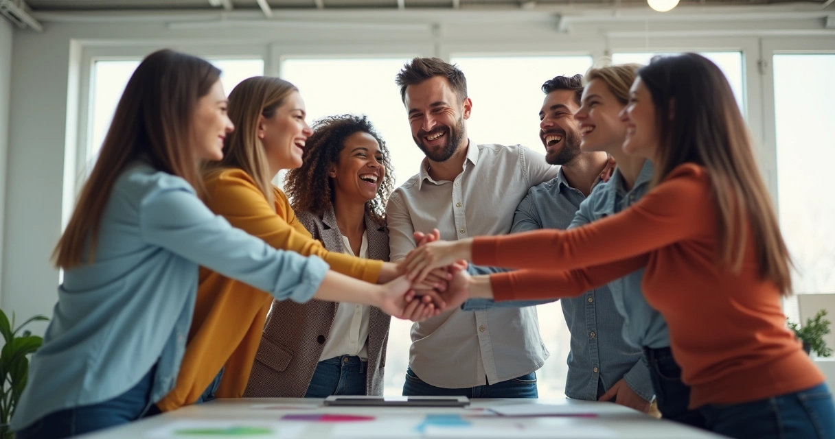 Grupo celebrando vitória coletiva com abraços 