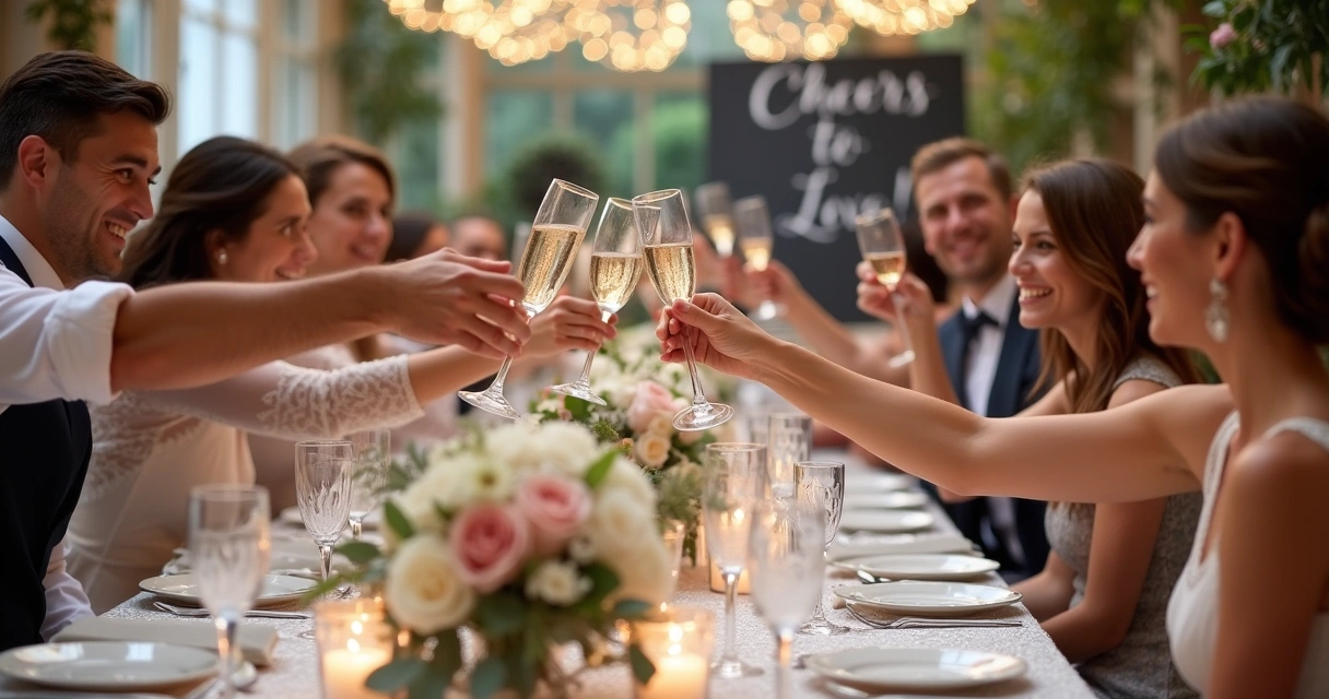 Casal e convidados brindando com espumante em mesa decorada para casamento.