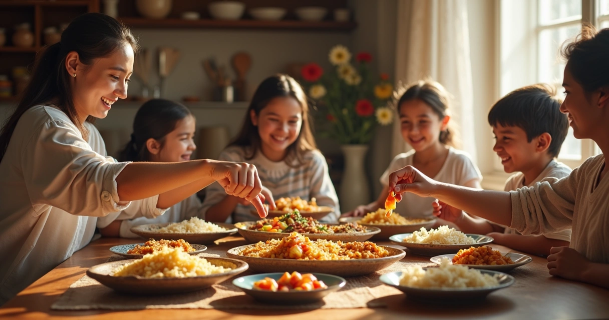 Família reunida ao redor de mesa com alimentos típicos em clima de celebração 
