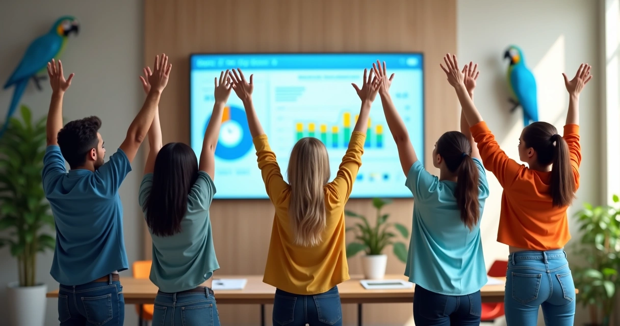 Equipe fazendo gesto de celebração com tecnologia 