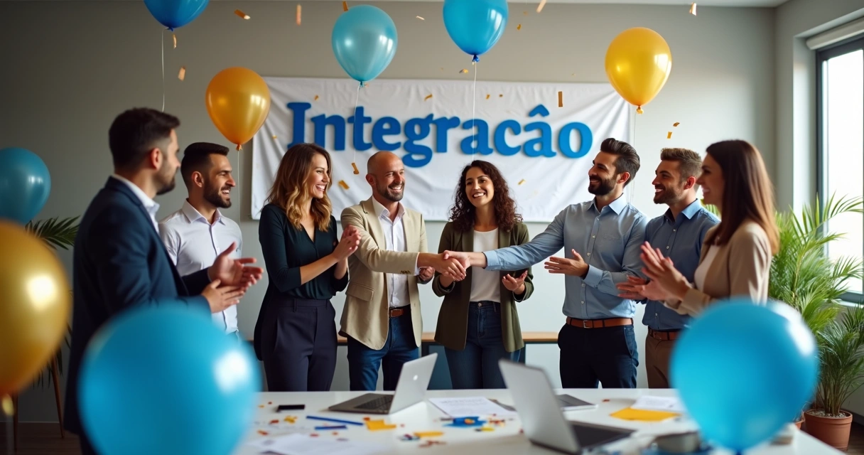Grupo de colaboradores de diferentes setores sorrindo e celebrando juntos