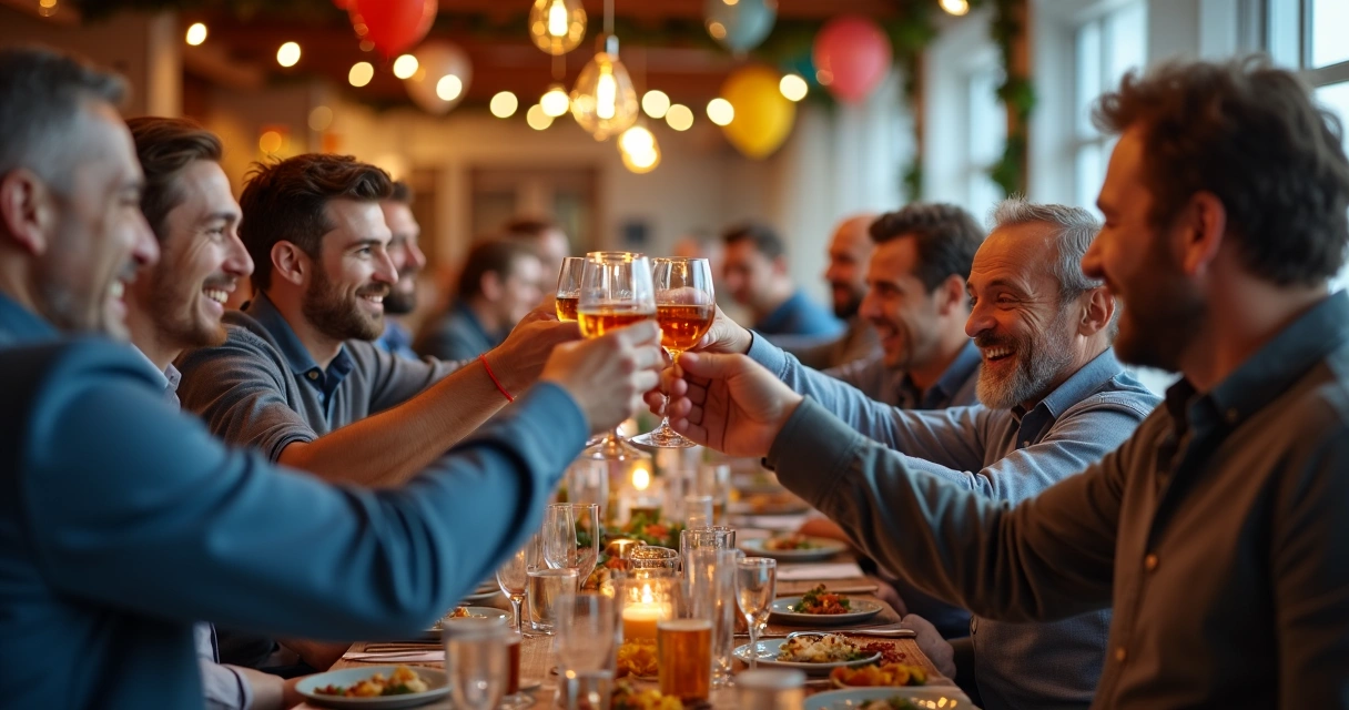Grupo de homens celebrando saúde em ambiente festivo 