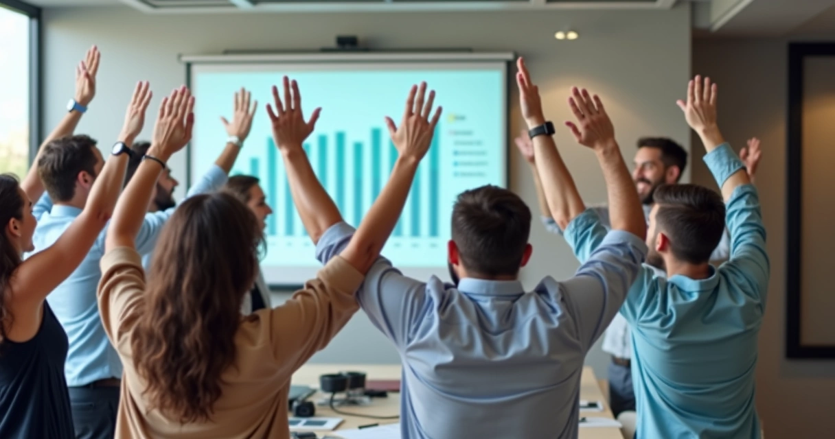 Colaboradores celebrando juntos conquista de meta coletiva