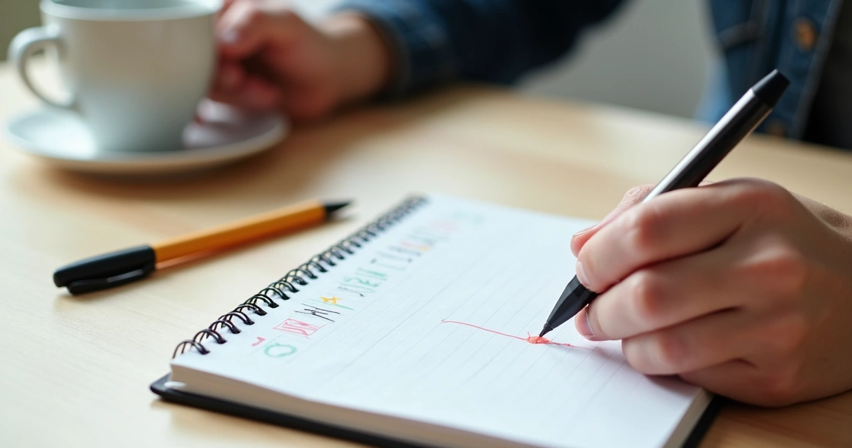 Mãos de uma pessoa segurando caderno aberto com lista de tarefas marcadas como concluídas, com uma pequena estrela desenhada ao lado. 