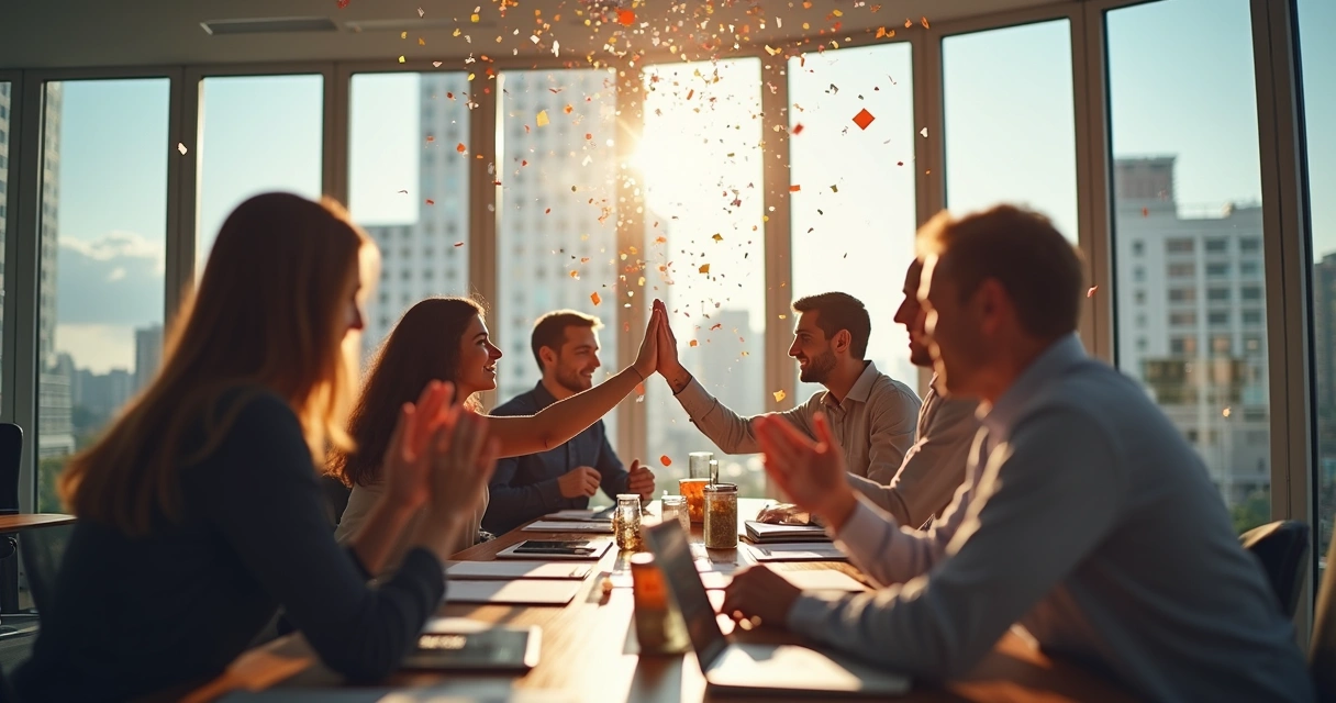 Equipe celebrando conquista após mudança organizacional 