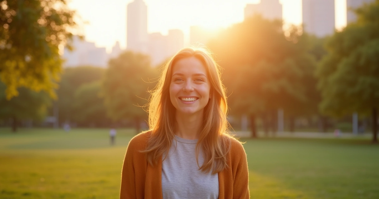 Pessoa sorrindo com alívio em um parque, luz dourada do fim de tarde 
