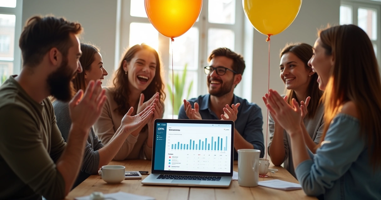 Time de PME comemorando avanço significativo nos resultados de OKR 