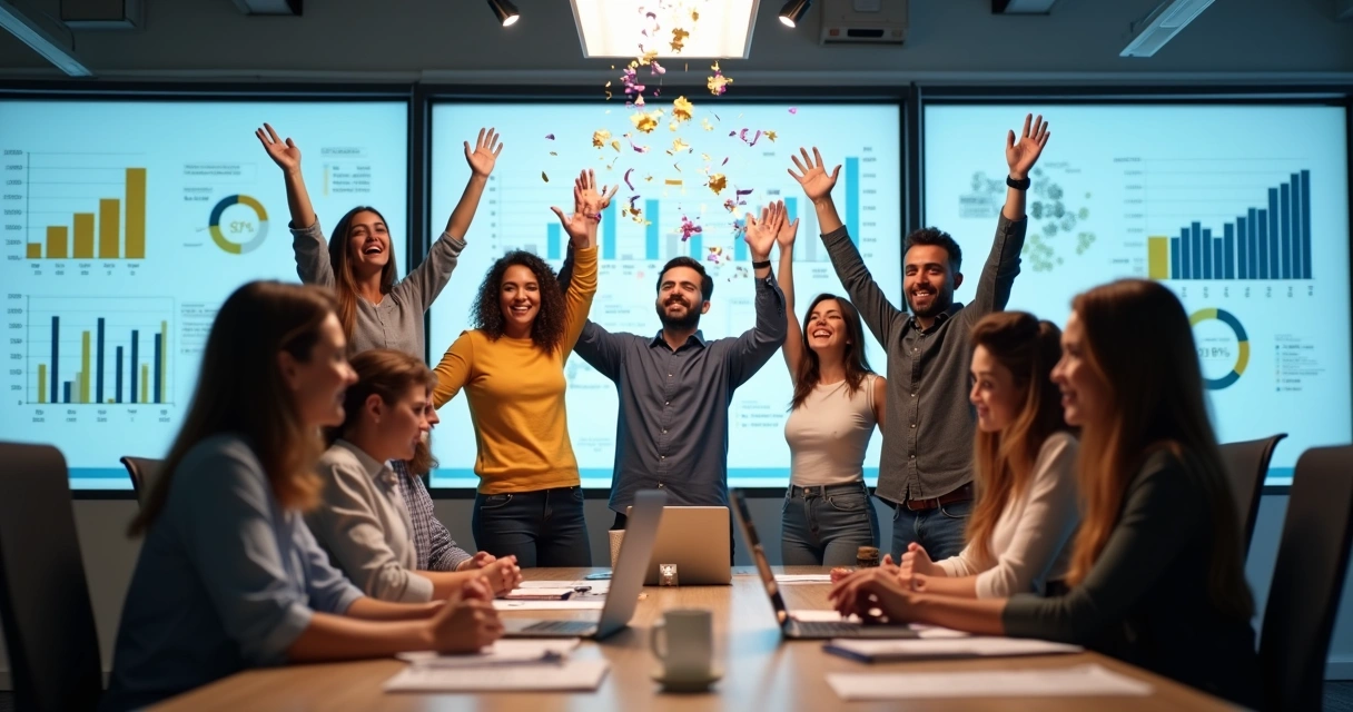 Equipe comemorando bons resultados de marketing juntos 