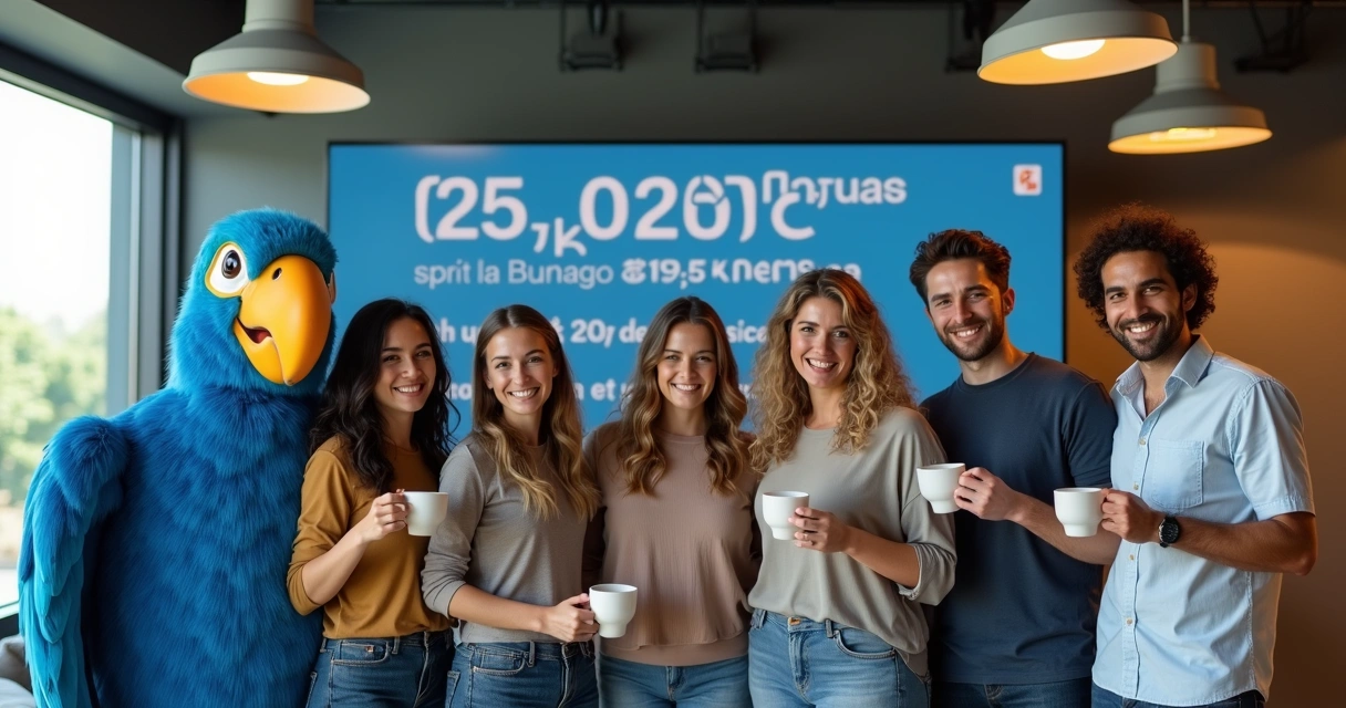 Equipe de startup no Brasil celebrando resultados com mascote arara azul