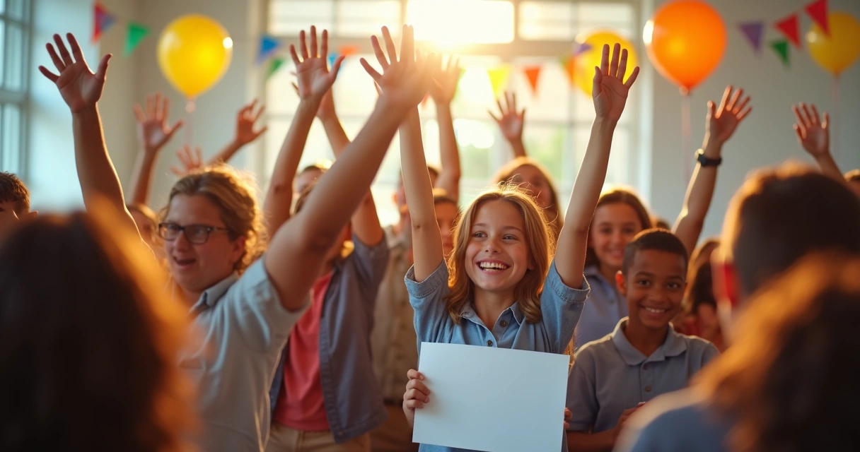 Equipe e alunos celebrando sucesso em evento escolar 