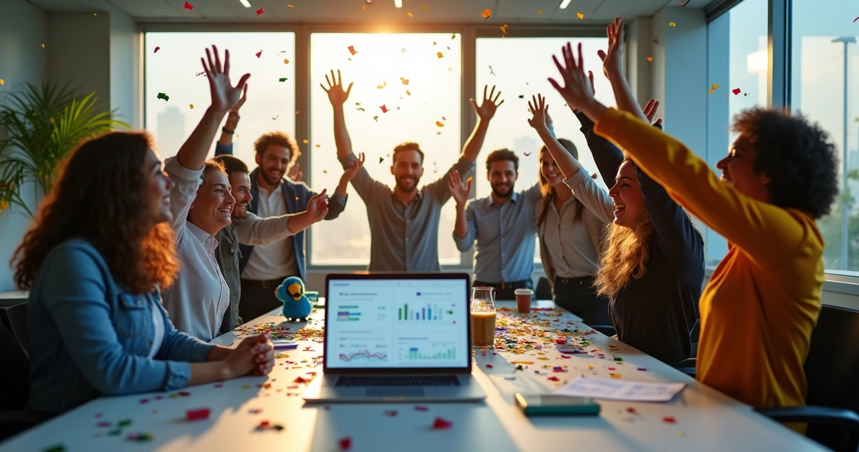 Equipe comemorando resultado positivo em lançamento de MVP 