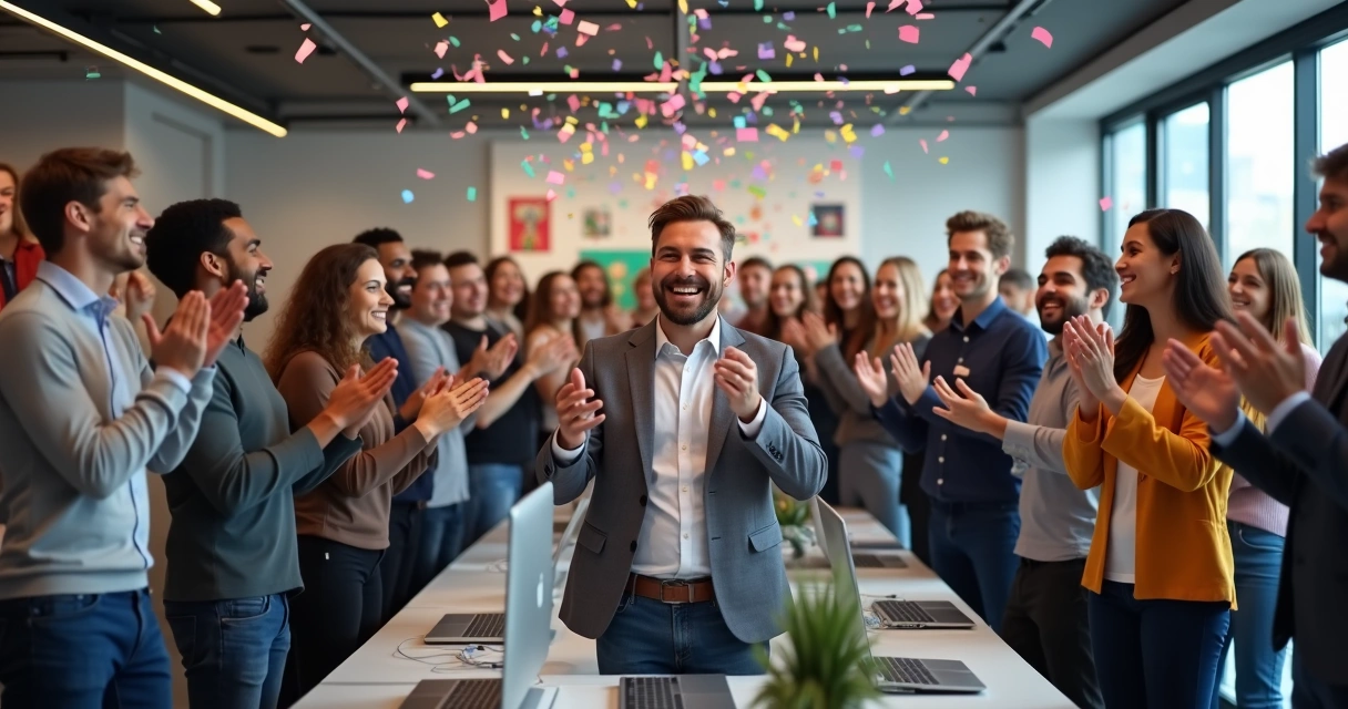Equipe numerosa comemorando resultado coletivo com palmas em escritório moderno 