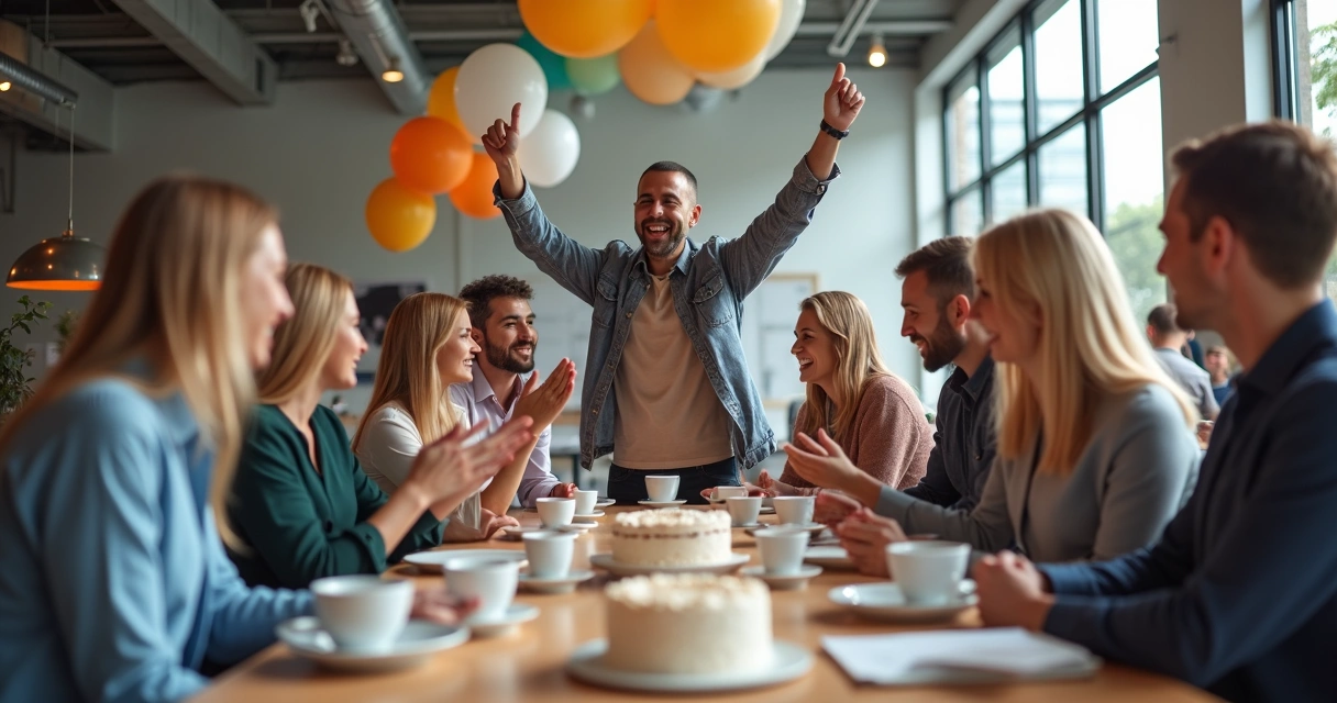 Equipe celebrando pequeno sucesso reunida em escritório moderno