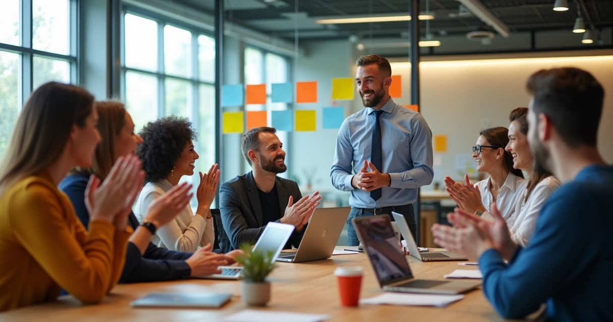 Equipe reunida comemorando pequena conquista, sorrindo e batendo palmas 