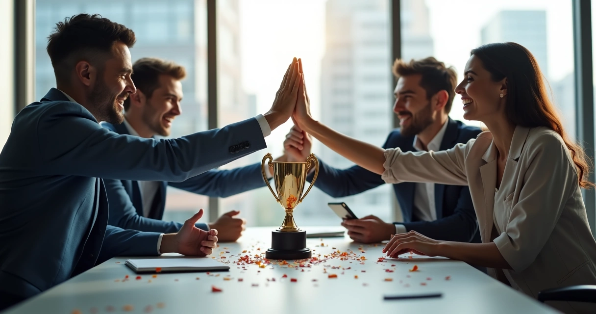 Time comemorando vitória com troféu 