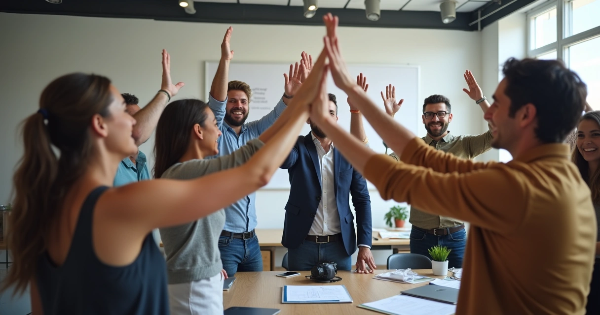 Equipo diverso celebrando éxito profesional 