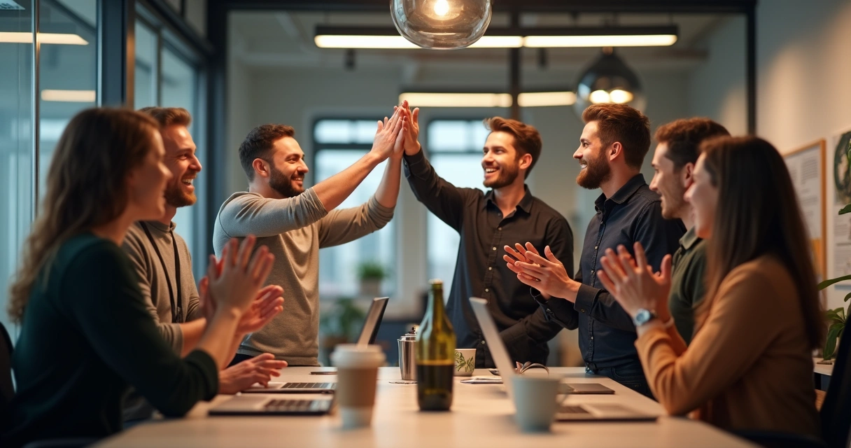 Equipo laboral celebrando un logro en la oficina, sonriendo y chocando manos 