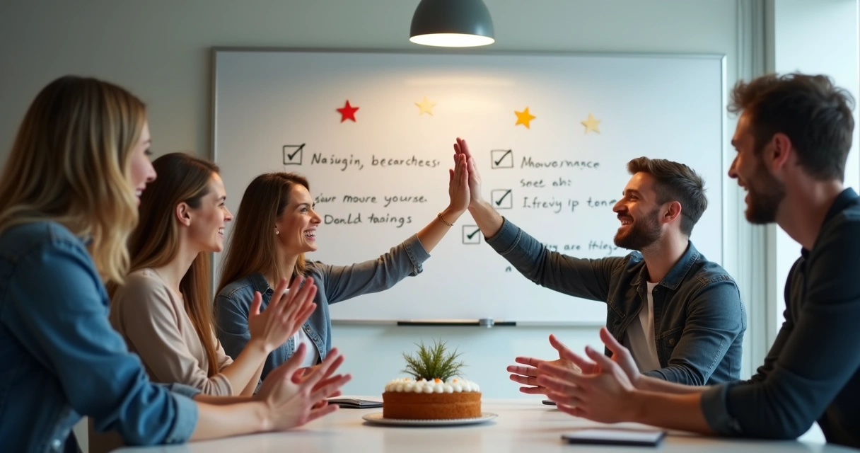 Equipe celebrando conquista de meta com palmas e sorrisos 