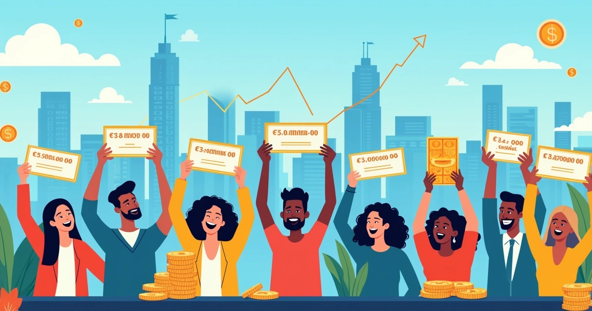 Investidores diversificados celebrando o recebimento de dividendos com cheques e gráficos de lucros em uma cena vibrante.