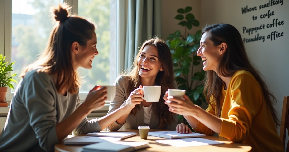 Três pessoas comemorando pequenas conquistas em ambiente iluminado 