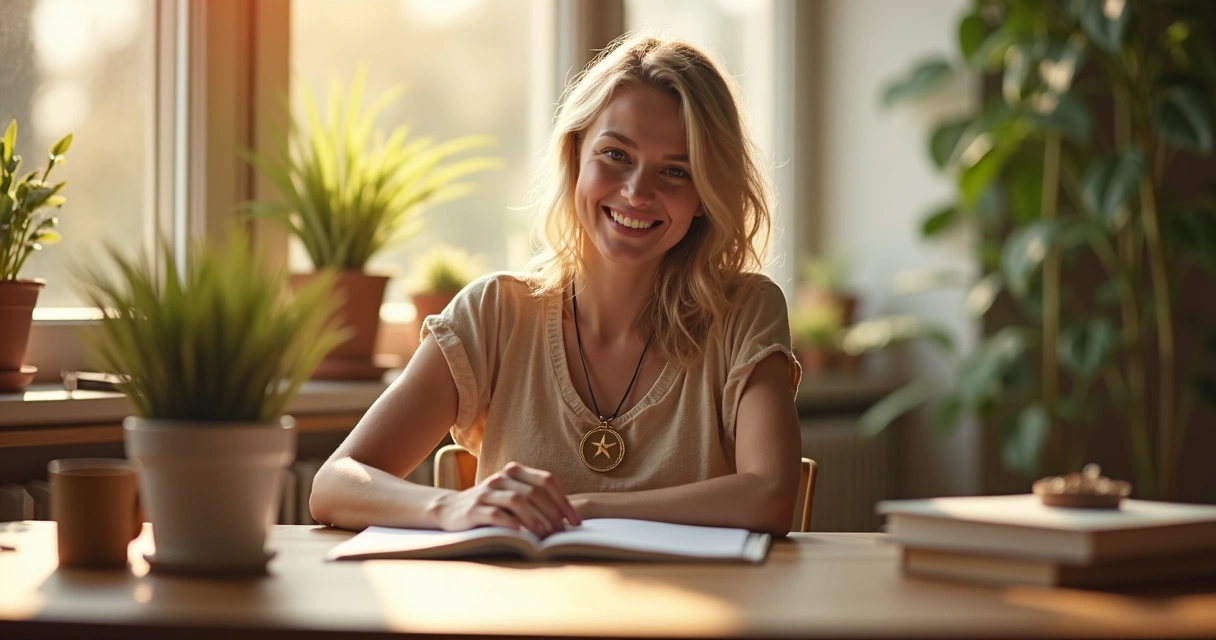 Pessoa sorrindo ao olhar para uma pequena medalha no escritório claro