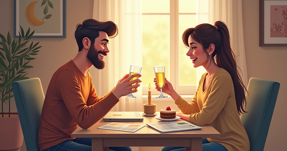 Couple celebrating a financial milestone with a small treat
