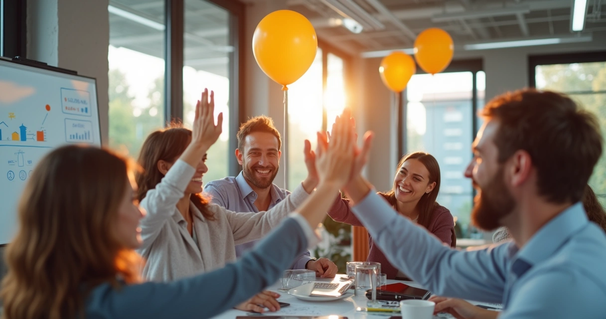 Office team celebrating successful project together