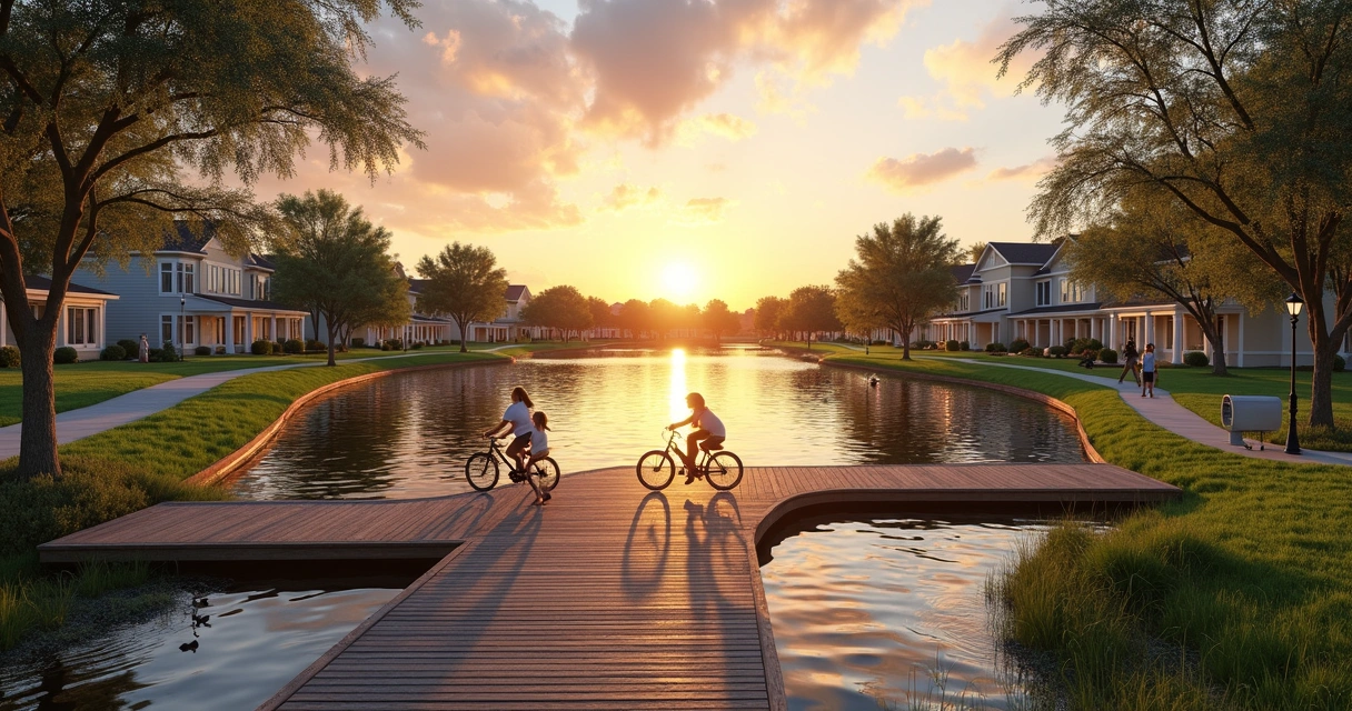 Deck de madeira no lago principal de Celebration, ao entardecer 