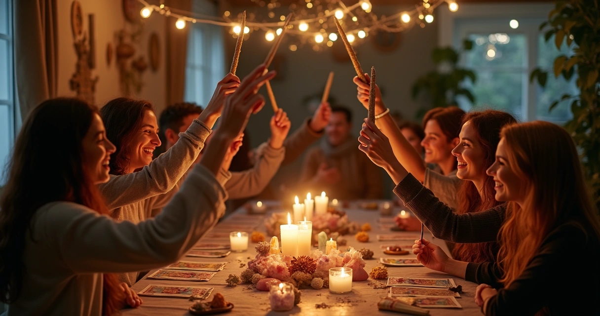 Group celebrating tarot success with raised wands