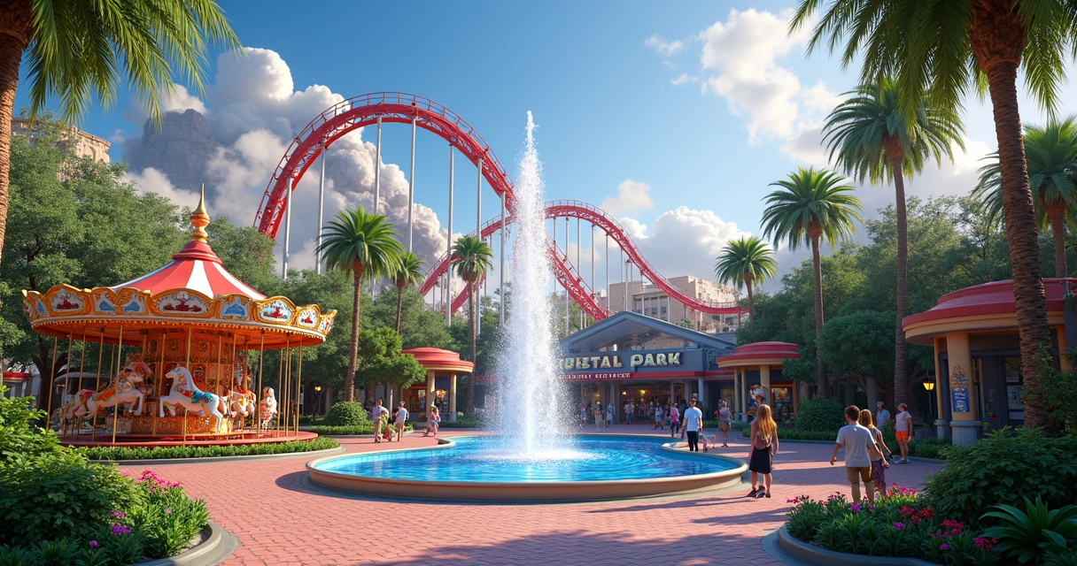Vista do Celestial Park com montanha-russa e chafariz 