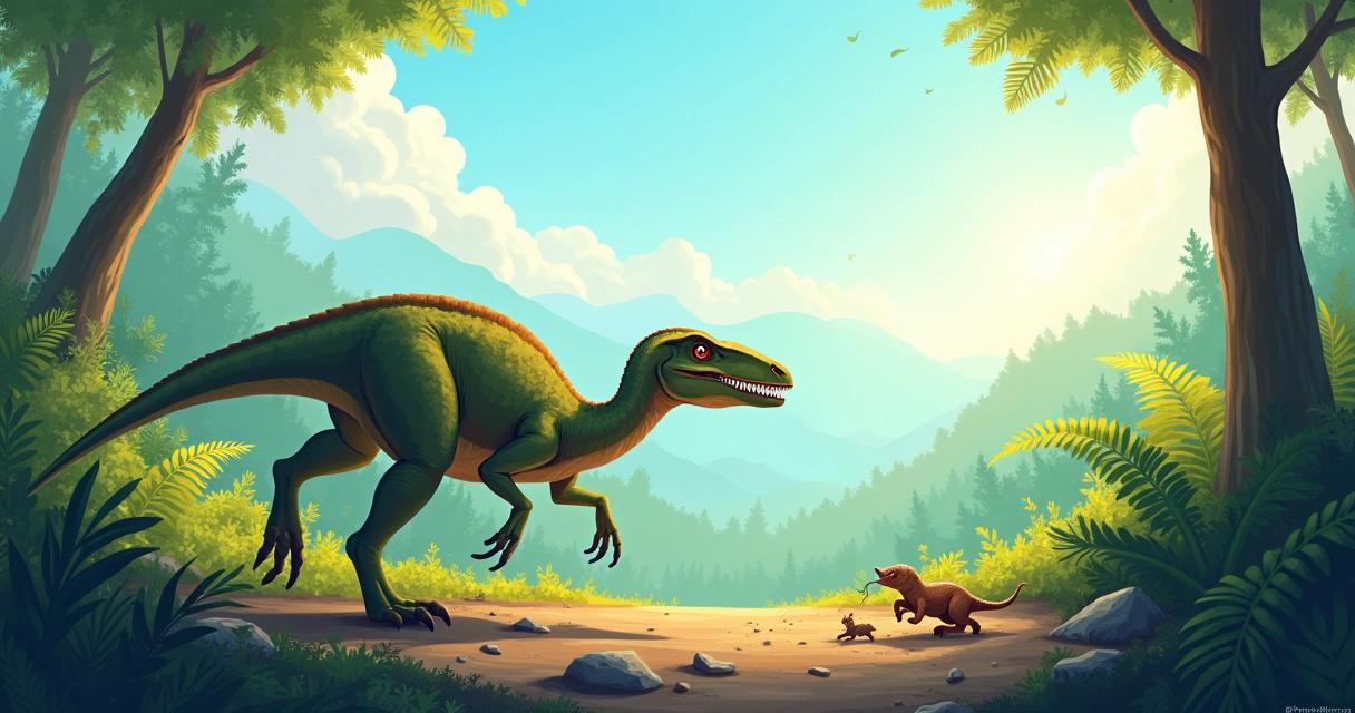 Dinossauro celófise em um ambiente pré-histórico, preparado para caçar entre vegetação exuberante.